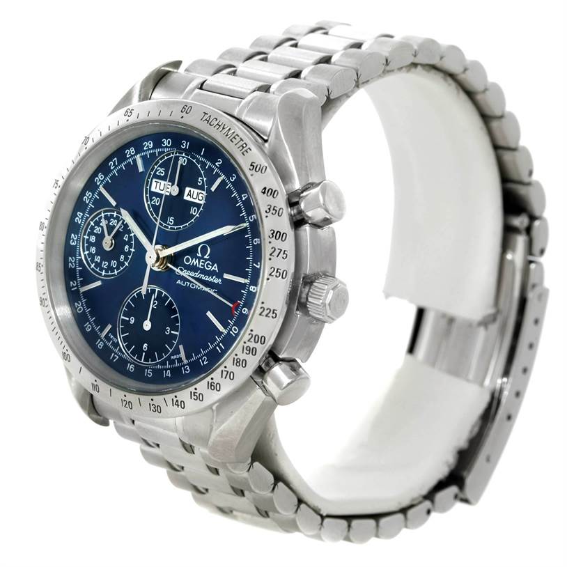 The Omega Speedmaster 3523.80.00 Men's Stainless Steel Blue Dial 3523.80.00 Men's Stainless Steel Blue Dial watch is shown at a slight angle, displaying the face, side pushers, and metal bracelet clearly.
