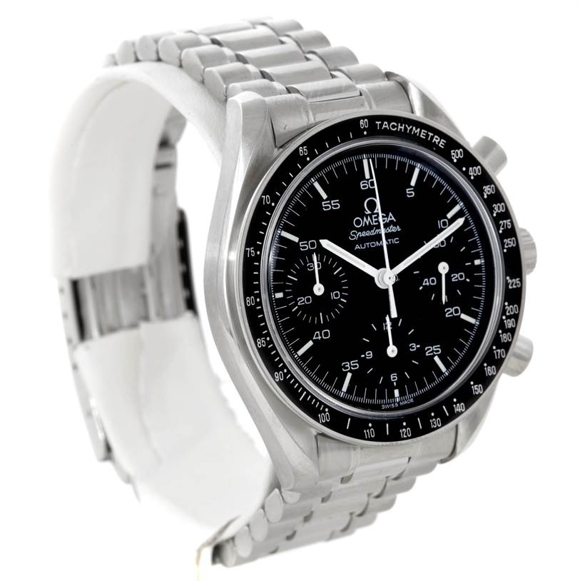 The Omega Speedmaster 3510.50.00 Men
s Stainless Steel Black Dial 3510.50.00 Men
s Stainless Steel Black Dial watch is shown at an angle displaying the face, bezel, and part of the bracelet.