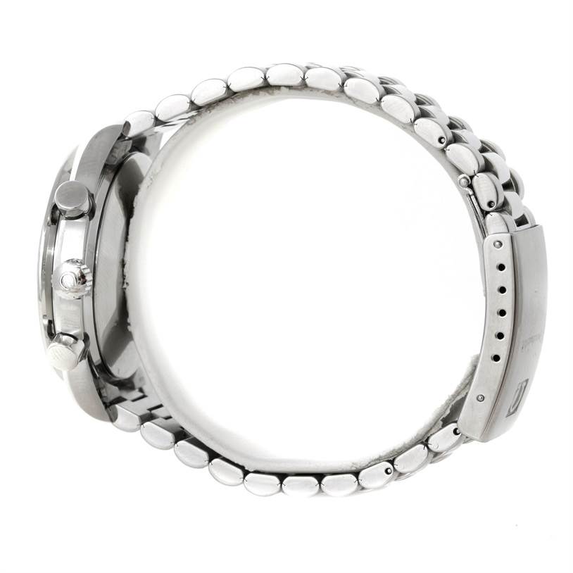 The image shows a side view of the Omega Speedmaster 3510.50.00 Men
s Stainless Steel Black Dial 3510.50.00 Men
s Stainless Steel Black Dial watch, highlighting the case, crown, pushers, and the metal bracelet.