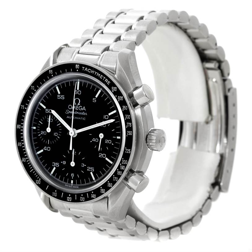 This image shows a side angle view of an Omega Speedmaster 3510.50.00 Men
s Stainless Steel Black Dial 3510.50.00 Men
s Stainless Steel Black Dial watch, highlighting the face, bezel, and stainless steel bracelet.