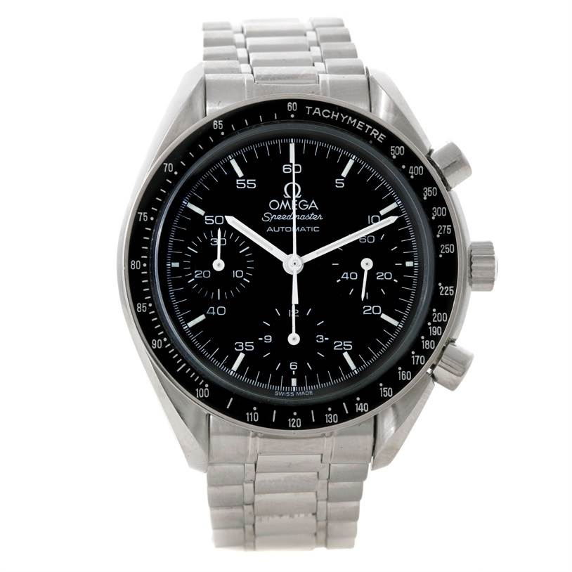 The image shows a frontal view of the Omega Speedmaster 3510.50.00 Men
s Stainless Steel Black Dial 3510.50.00 Men
s Stainless Steel Black Dial watch, displaying its face, bezel, and bracelet.