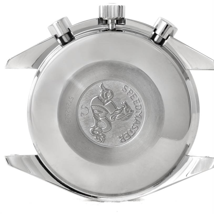 The image shows the back case of an Omega Speedmaster 3510.50.00 Men
s Stainless Steel Black Dial 3510.50.00 Men
s Stainless Steel Black Dial watch, viewed from the rear with the crown and pushers visible.