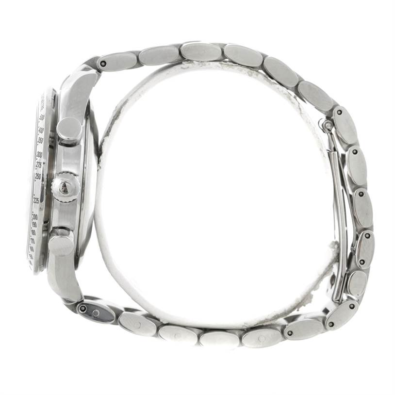 This side view of the Omega Speedmaster 3523.30.00 Men's Stainless Steel Silver Dial 3523.30.00 Men's Stainless Steel Silver Dial watch displays its case, crown, pushers, and metal bracelet.