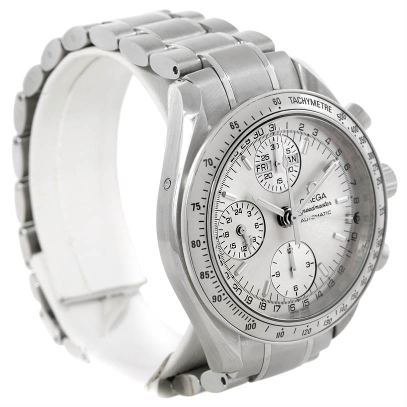 The Omega Speedmaster 3523.30.00 Men's Stainless Steel Silver Dial 3523.30.00 Men's Stainless Steel Silver Dial watch is shown at an oblique angle, highlighting its face, bezel, and metal bracelet.