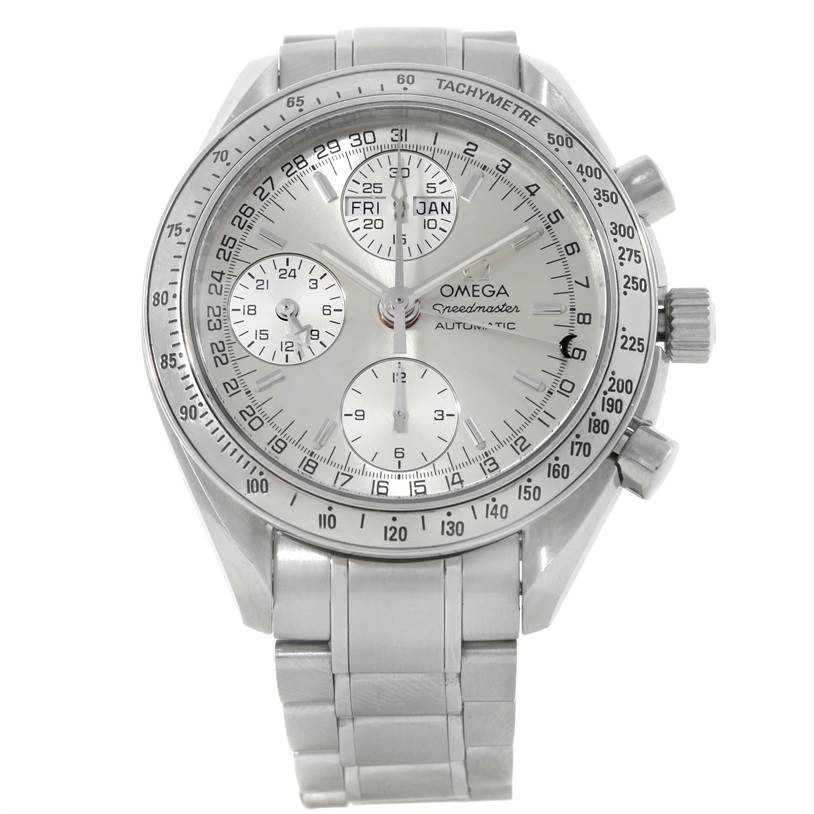 This image shows a front view of an Omega Speedmaster 3523.30.00 Men's Stainless Steel Silver Dial 3523.30.00 Men's Stainless Steel Silver Dial watch, displaying its dial, subdials, bezel, and bracelet.