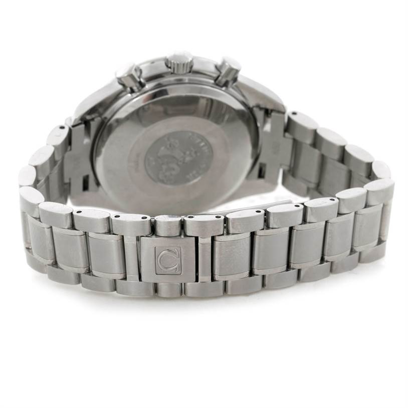 The image shows the back case and stainless steel bracelet of an Omega Speedmaster 3523.30.00 Men's Stainless Steel Silver Dial 3523.30.00 Men's Stainless Steel Silver Dial watch from an angled rear view.