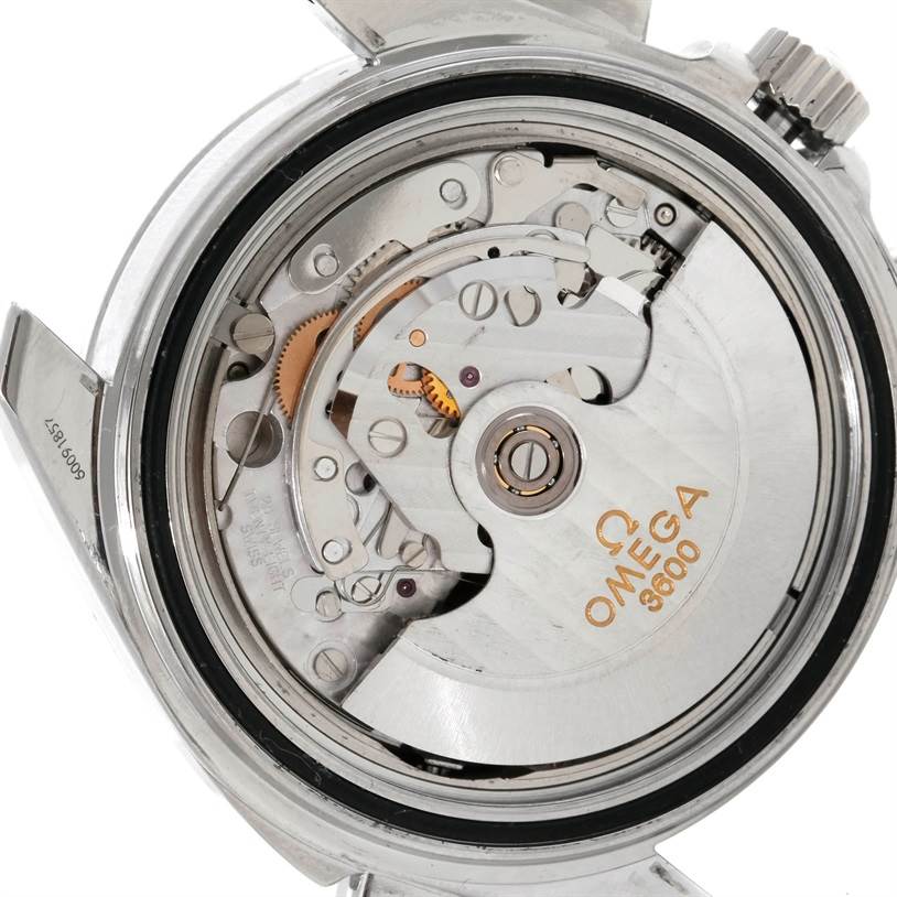 This image shows the internal mechanism of the Omega Speedmaster 3540.50.00 Men's Stainless Steel Black Dial 3540.50.00 Men's Stainless Steel Black Dial watch, viewed from the back with the case back removed.