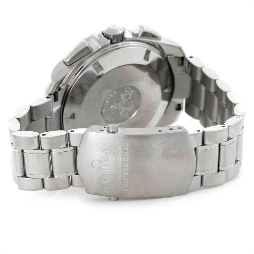 The image shows the back and bracelet clasp of an Omega Speedmaster 3540.50.00 Men's Stainless Steel Black Dial 3540.50.00 Men's Stainless Steel Black Dial watch.