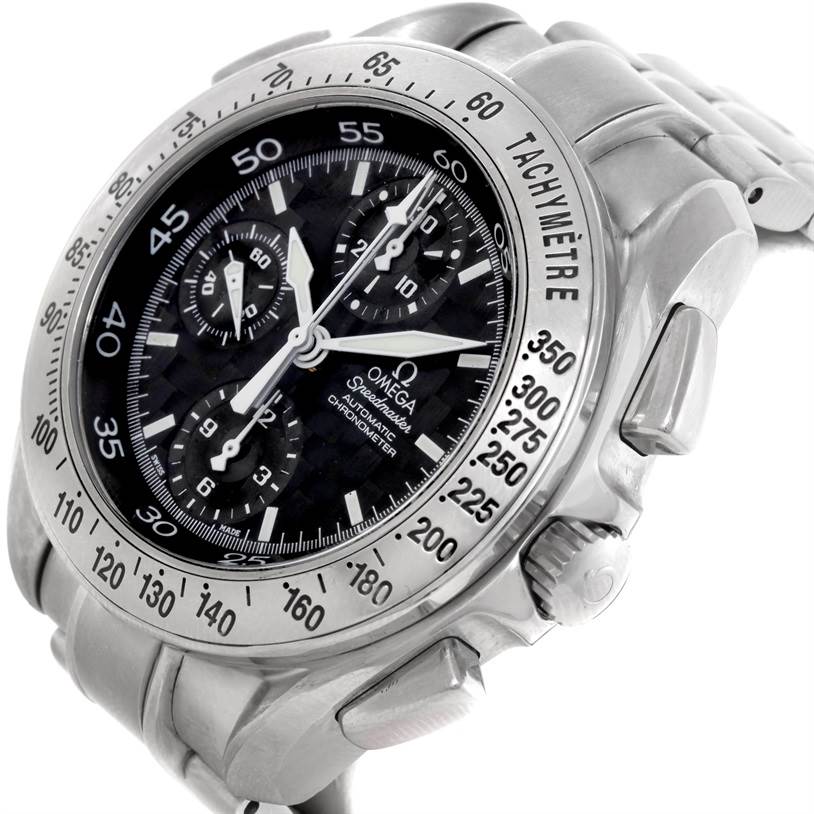 This image shows the Omega Speedmaster 3540.50.00 Men's Stainless Steel Black Dial 3540.50.00 Men's Stainless Steel Black Dial watch at a slight angle, highlighting the face, tachymeter bezel, and part of the bracelet.