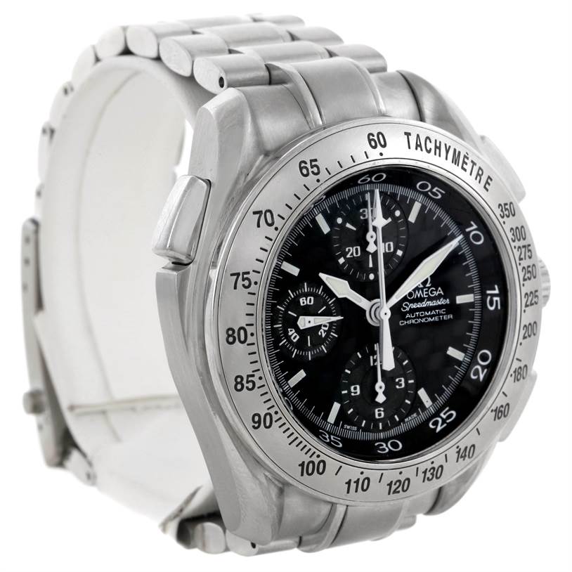 The image shows an Omega Speedmaster 3540.50.00 Men's Stainless Steel Black Dial 3540.50.00 Men's Stainless Steel Black Dial watch at a slight angle, highlighting its bracelet, bezel, and dial with subdials.