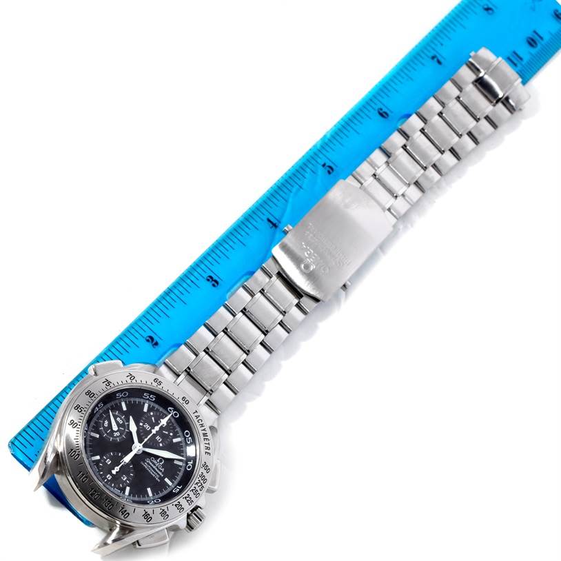 The Omega Speedmaster 3540.50.00 Men's Stainless Steel Black Dial 3540.50.00 Men's Stainless Steel Black Dial watch is shown from a top-down angle, focusing on its face, bezel, and metal bracelet.