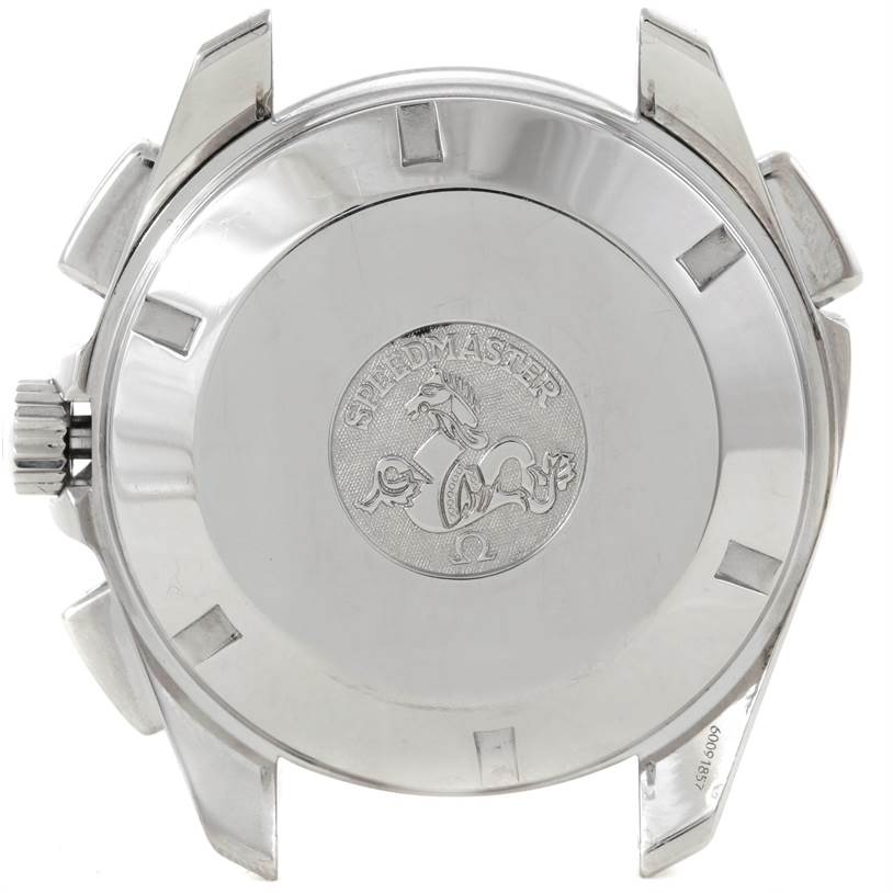 This image shows the back case of an Omega Speedmaster 3540.50.00 Men's Stainless Steel Black Dial 3540.50.00 Men's Stainless Steel Black Dial watch, focusing on the emblem and branding.