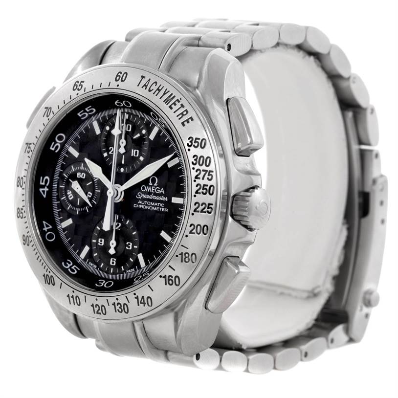 The image shows an angled view of an Omega Speedmaster 3540.50.00 Men's Stainless Steel Black Dial 3540.50.00 Men's Stainless Steel Black Dial watch, highlighting the dial, tachymeter bezel, and metal bracelet.