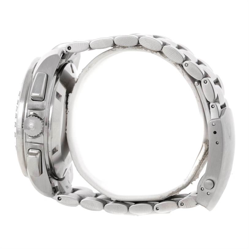 The image shows a side view of the Omega Speedmaster 3540.50.00 Men's Stainless Steel Black Dial 3540.50.00 Men's Stainless Steel Black Dial watch, highlighting the crown, pushers, and stainless steel bracelet.