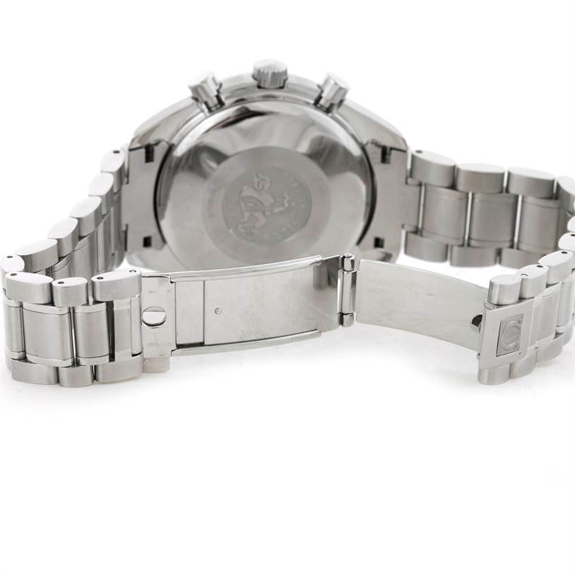 The image shows the back case and open metal bracelet of an Omega Speedmaster 3513.50.00 Men's Stainless Steel Black Dial 3513.50.00 Men's Stainless Steel Black Dial watch.