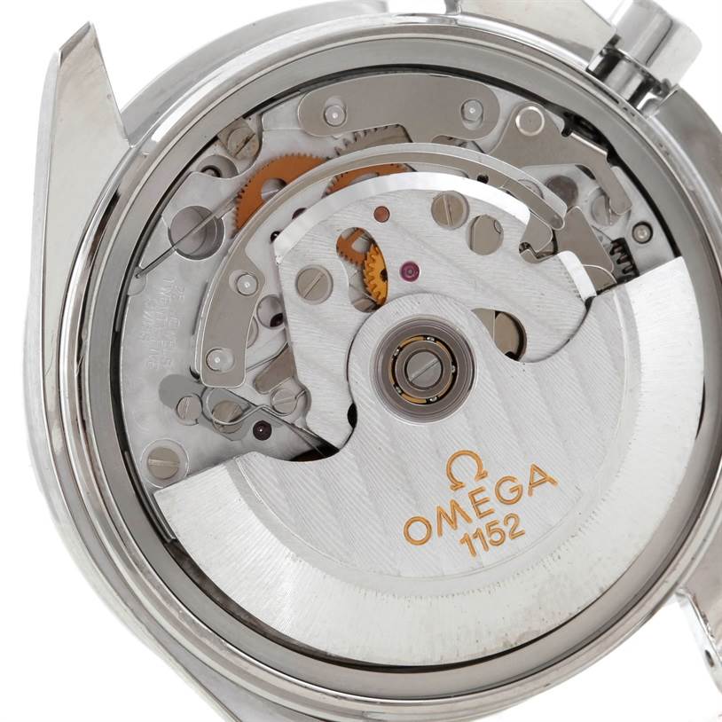 The image shows the movement mechanism of an Omega Speedmaster 3513.50.00 Men's Stainless Steel Black Dial 3513.50.00 Men's Stainless Steel Black Dial watch from a rear angle with the case back removed.