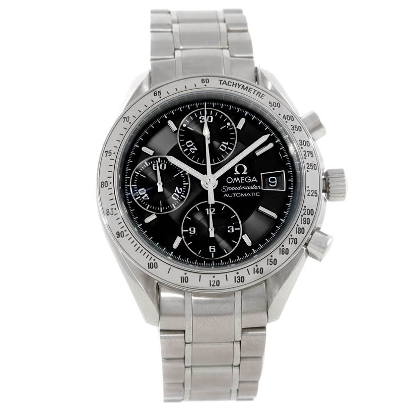 The image shows a front view of the Omega Speedmaster 3513.50.00 Men's Stainless Steel Black Dial 3513.50.00 Men's Stainless Steel Black Dial watch, highlighting the dial, subdials, tachymeter bezel, and stainless steel bracelet.