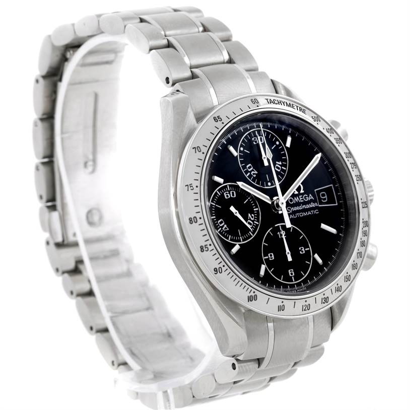 The Omega Speedmaster 3513.50.00 Men's Stainless Steel Black Dial 3513.50.00 Men's Stainless Steel Black Dial watch is shown at a slight angle, highlighting its face, bezel, and metal bracelet.