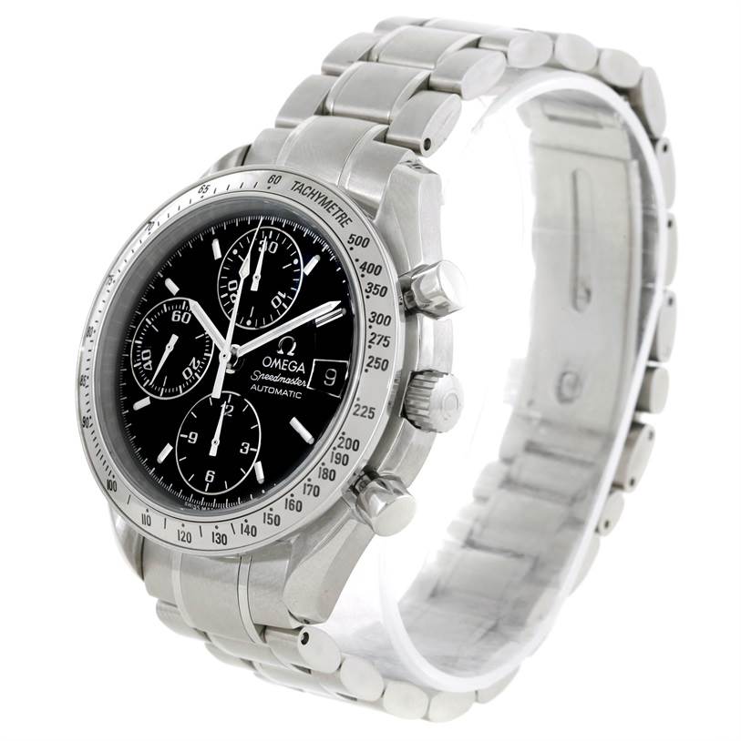 The Omega Speedmaster 3513.50.00 Men's Stainless Steel Black Dial 3513.50.00 Men's Stainless Steel Black Dial watch is shown at a slight angle, highlighting its face, chronograph dials, tachymeter bezel, and metal bracelet.