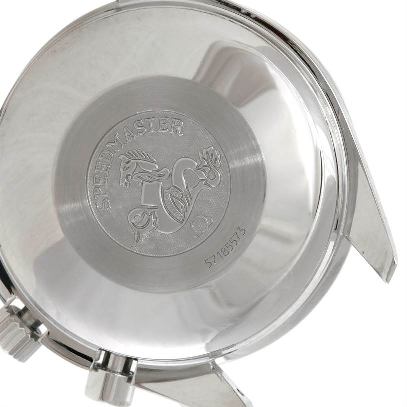 This is the back view of an Omega Speedmaster 3513.50.00 Men's Stainless Steel Black Dial 3513.50.00 Men's Stainless Steel Black Dial watch case, showing the engraved emblem and serial number.