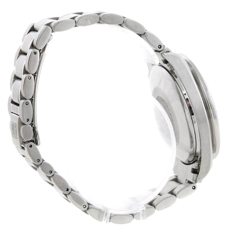 The image shows a side view of the Omega Speedmaster 3513.50.00 Men's Stainless Steel Black Dial 3513.50.00 Men's Stainless Steel Black Dial watch focusing on its metallic bracelet and case back.