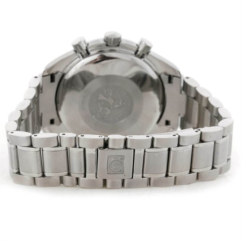 This image shows the case back and metal bracelet of an Omega Speedmaster 3513.50.00 Men's Stainless Steel Black Dial 3513.50.00 Men's Stainless Steel Black Dial watch from a rear angle.