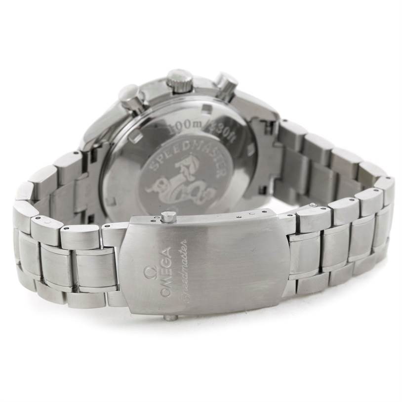 The image shows the back angle of an Omega Speedmaster 323.30.40.40.06.001 Men's Stainless Steel Grey Dial 323.30.40.40.06.001 Men's Stainless Steel Grey Dial watch, highlighting the case back, bracelet, and clasp.