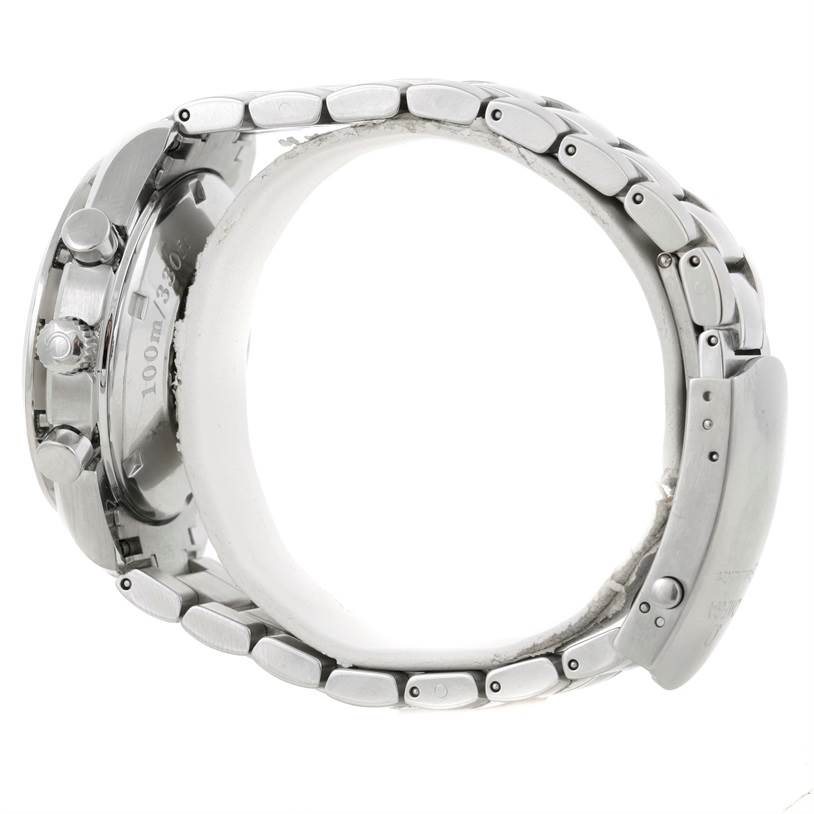 The image shows a side view of an Omega Speedmaster 323.30.40.40.06.001 Men's Stainless Steel Grey Dial 323.30.40.40.06.001 Men's Stainless Steel Grey Dial, highlighting its metal bracelet and case with a crown and pushers.