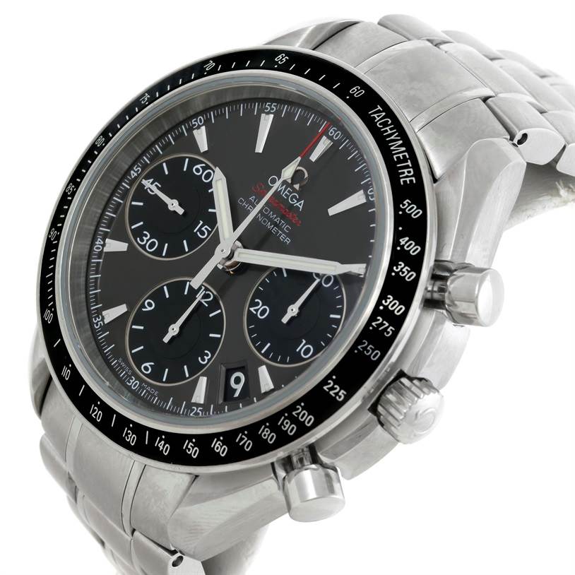 The image shows an angled view of the Omega Speedmaster 323.30.40.40.06.001 Men's Stainless Steel Grey Dial 323.30.40.40.06.001 Men's Stainless Steel Grey Dial watch, highlighting the dial, tachymeter bezel, and stainless steel bracelet.