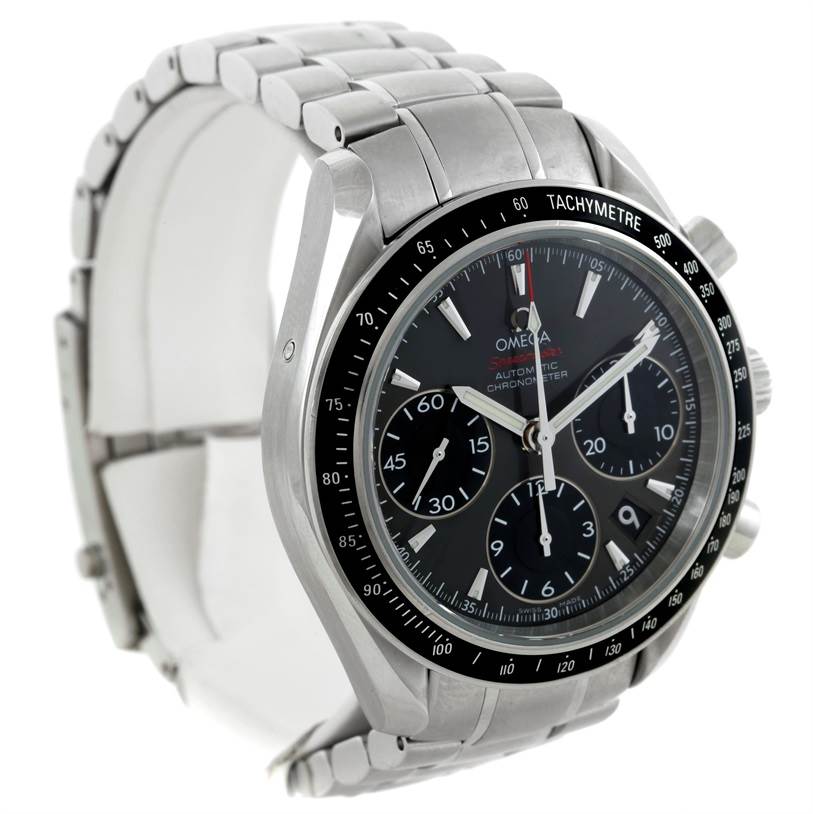 The image shows an Omega Speedmaster 323.30.40.40.06.001 Men's Stainless Steel Grey Dial 323.30.40.40.06.001 Men's Stainless Steel Grey Dial watch at a three-quarter angle highlighting the dial, bezel, and bracelet.