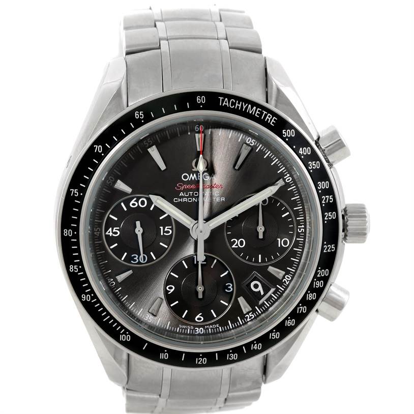 The image shows a front view of the Omega Speedmaster 323.30.40.40.06.001 Men's Stainless Steel Grey Dial 323.30.40.40.06.001 Men's Stainless Steel Grey Dial watch, highlighting the dial, tachymeter bezel, and stainless steel bracelet.