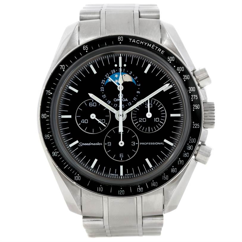 The image shows a front view of an Omega Speedmaster 3576.50.00 Men
s Stainless Steel Black Dial 3576.50.00 Men
s Stainless Steel Black Dial watch, highlighting its black dial, chronograph subdials, tachymeter bezel, and stainless steel bracelet.