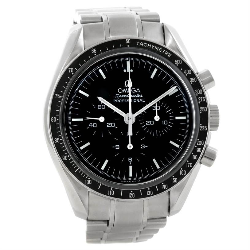 This image shows a frontal view of an Omega Speedmaster 3560.50.00 Men's Stainless Steel Black Dial 3560.50.00 Men's Stainless Steel Black Dial watch, displaying its dial, bezel, and stainless steel bracelet.