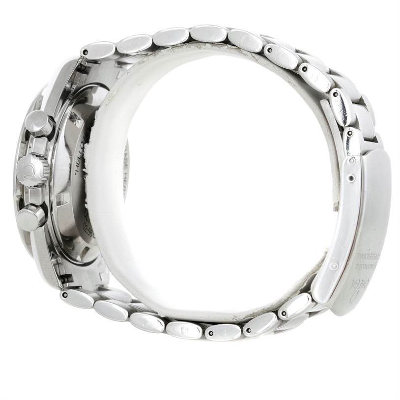 The Omega Speedmaster 3560.50.00 Men's Stainless Steel Black Dial 3560.50.00 Men's Stainless Steel Black Dial watch is shown from a side angle, highlighting its stainless steel bracelet, clasp, and side pushers.