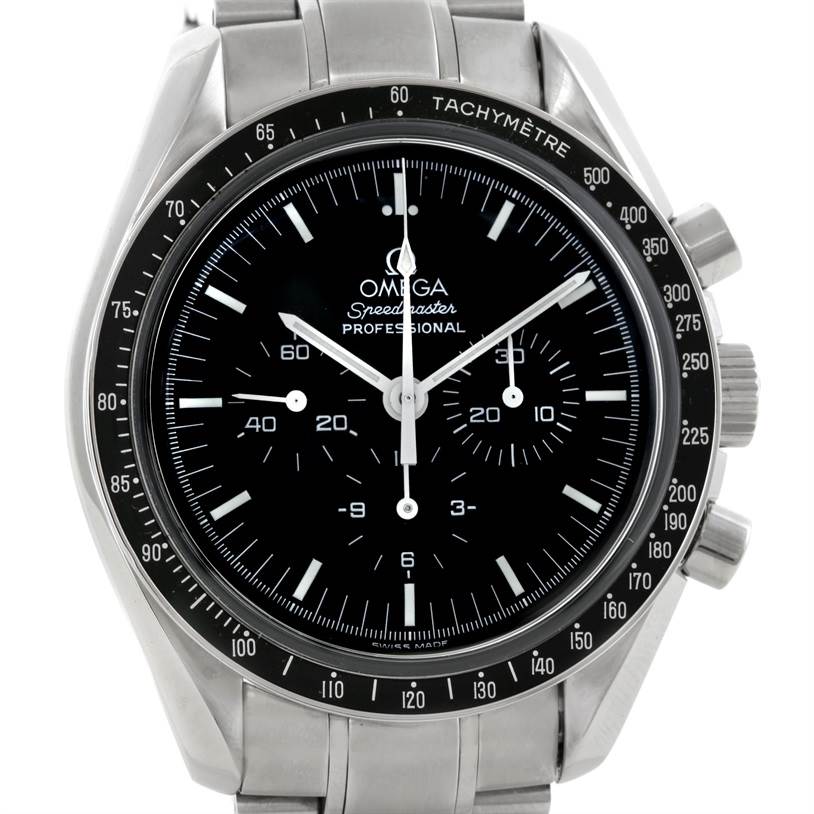 The front view of the Omega Speedmaster 3560.50.00 Men's Stainless Steel Black Dial 3560.50.00 Men's Stainless Steel Black Dial watch shows the dial, bezel, sub-dials, and bracelet.