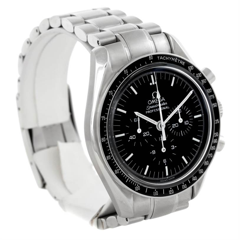 The image shows the Omega Speedmaster 3560.50.00 Men's Stainless Steel Black Dial 3560.50.00 Men's Stainless Steel Black Dial watch at an oblique angle, highlighting its face, bezel, and metal bracelet.