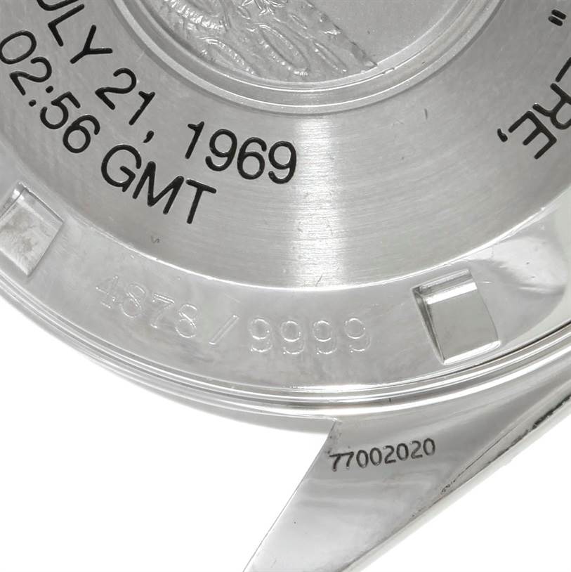 The image shows the back case of the Omega Speedmaster 3560.50.00 Men's Stainless Steel Black Dial 3560.50.00 Men's Stainless Steel Black Dial model, featuring an engraved inscription with a limited edition number.