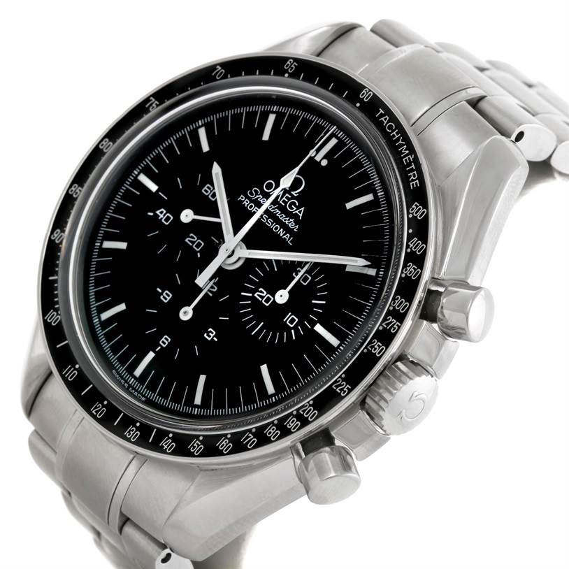 The image shows an angled close-up of the Omega Speedmaster 3560.50.00 Men's Stainless Steel Black Dial 3560.50.00 Men's Stainless Steel Black Dial watch focusing on its face, bezel, and side buttons.