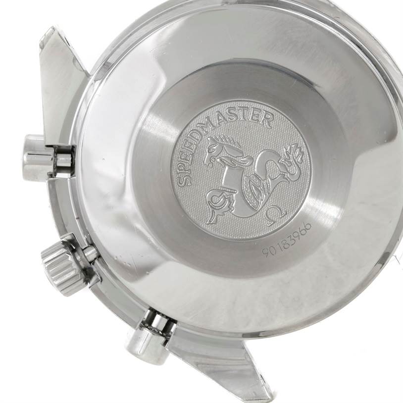 The image shows the case back and side crowns of an Omega Speedmaster 3510.50.00 Men's Stainless Steel Black Dial 3510.50.00 Men's Stainless Steel Black Dial watch, highlighting its engravings.