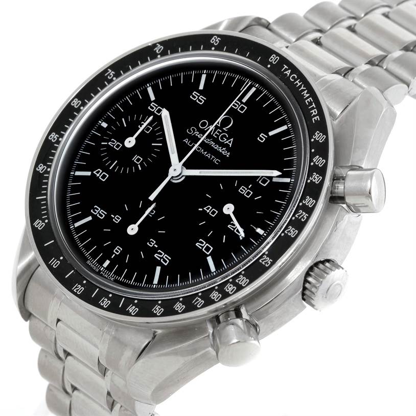 The image shows a close-up angle of the Omega Speedmaster 3510.50.00 Men's Stainless Steel Black Dial 3510.50.00 Men's Stainless Steel Black Dial watch, highlighting its black dial, tachymeter bezel, and stainless steel bracelet.
