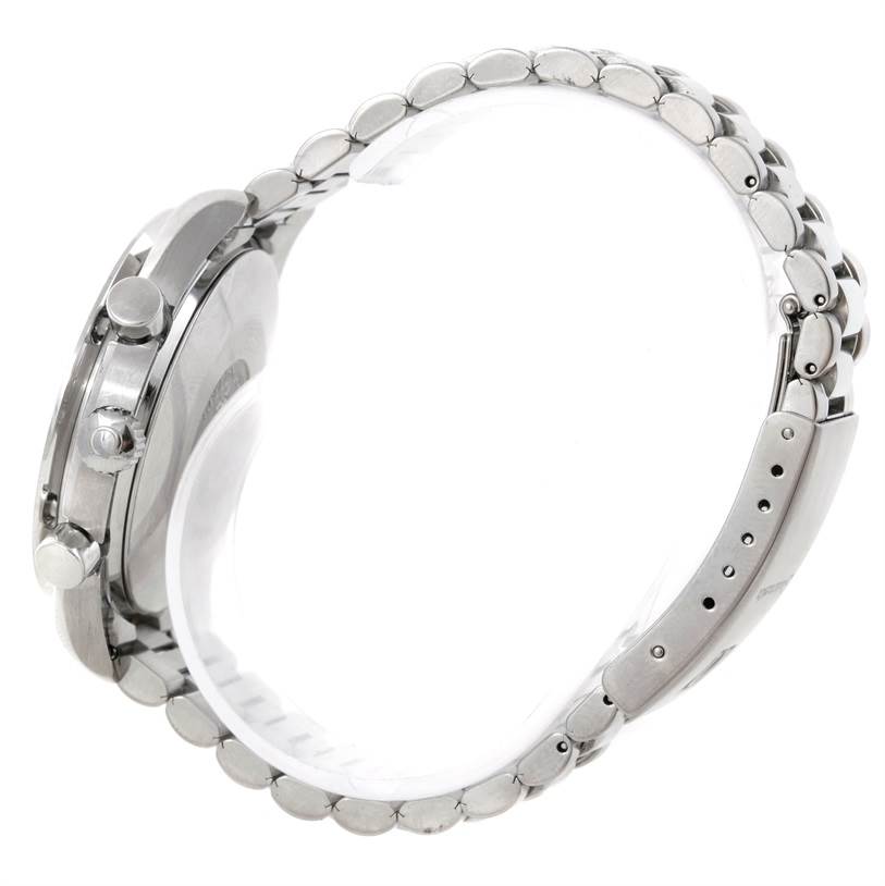 This image shows a side view of an Omega Speedmaster 3510.50.00 Men's Stainless Steel Black Dial 3510.50.00 Men's Stainless Steel Black Dial watch highlighting its bezel, pushers, crown, and steel bracelet.