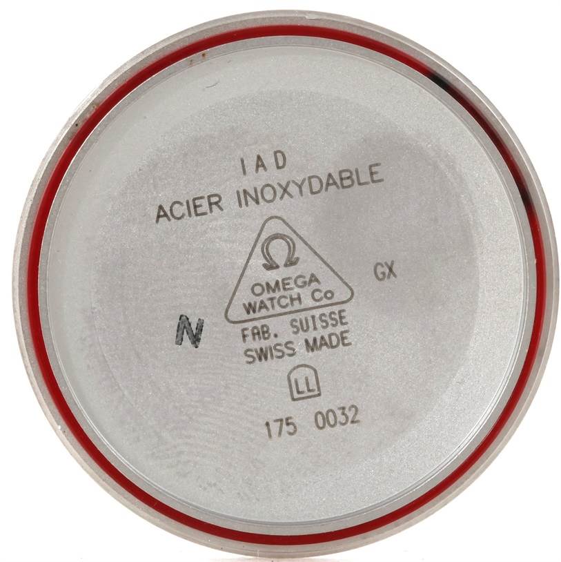 This image shows the inside of the stainless steel case back of an Omega Speedmaster 3510.50.00 Men's Stainless Steel Black Dial 3510.50.00 Men's Stainless Steel Black Dial watch.