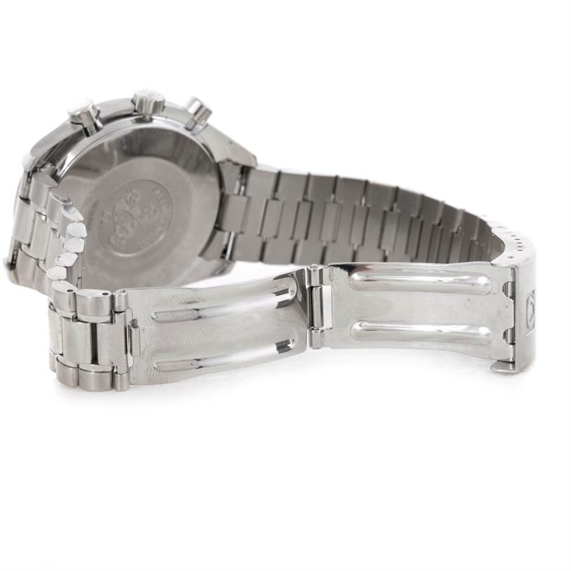 The image shows the back and partly open clasp of the Omega Speedmaster 3510.50.00 Men's Stainless Steel Black Dial 3510.50.00 Men's Stainless Steel Black Dial watch, including the bracelet and pushers.