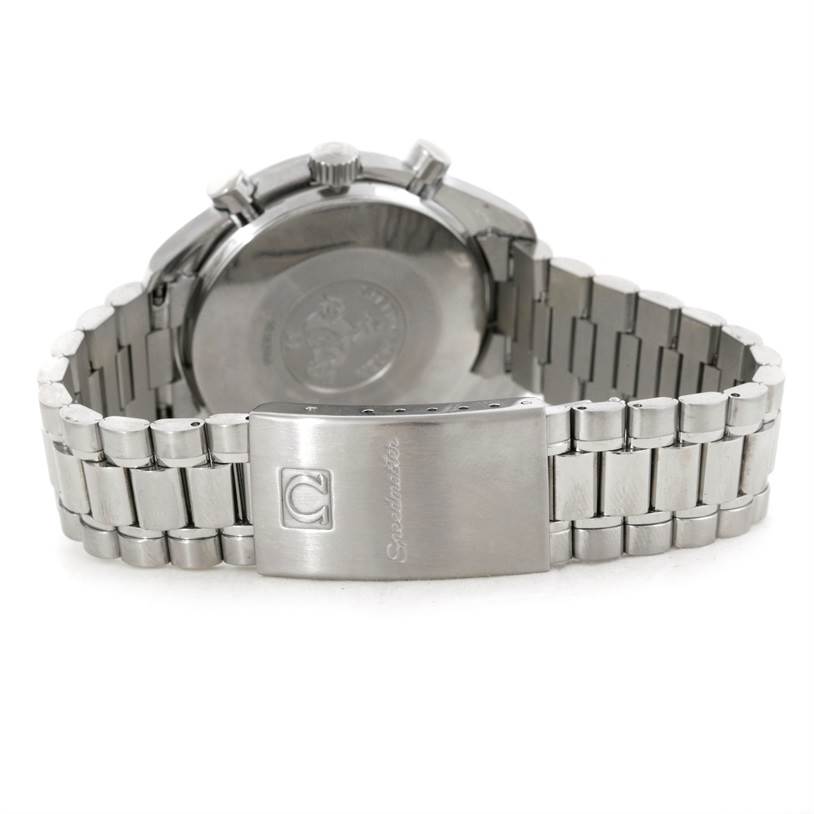 The image shows the back and clasp of an Omega Speedmaster 3510.50.00 Men's Stainless Steel Black Dial 3510.50.00 Men's Stainless Steel Black Dial watch from a slightly rear-angle view.