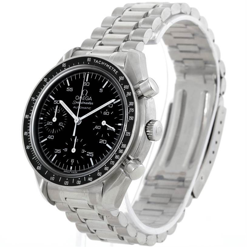 The Omega Speedmaster 3510.50.00 Men's Stainless Steel Black Dial 3510.50.00 Men's Stainless Steel Black Dial watch is shown at a slight angle, highlighting its dial, bezel, pushers, crown, and metal bracelet.