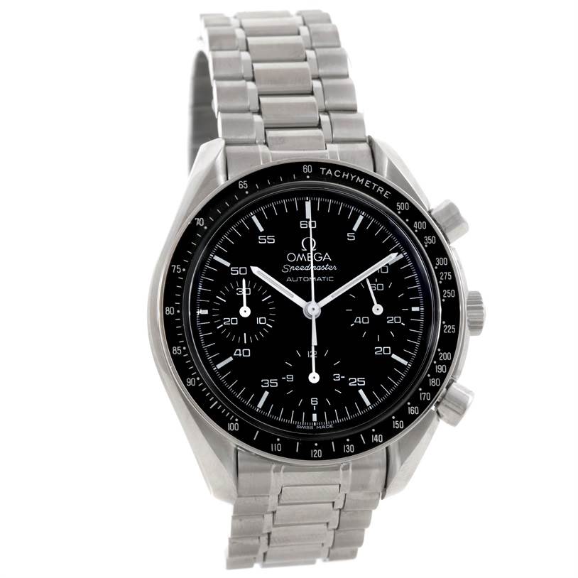 The image shows a front view of an Omega Speedmaster 3510.50.00 Men's Stainless Steel Black Dial 3510.50.00 Men's Stainless Steel Black Dial watch, displaying its face, bezel, and metal bracelet.