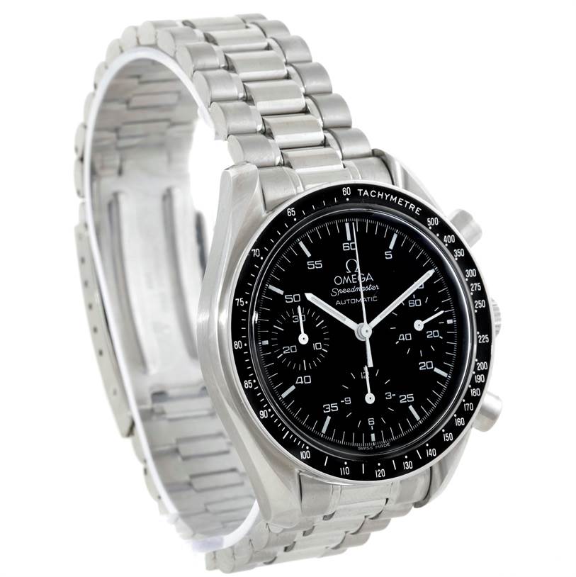 The image shows an Omega Speedmaster 3510.50.00 Men's Stainless Steel Black Dial 3510.50.00 Men's Stainless Steel Black Dial watch at a front angle, highlighting its black dial, tachymeter bezel, and stainless steel bracelet.