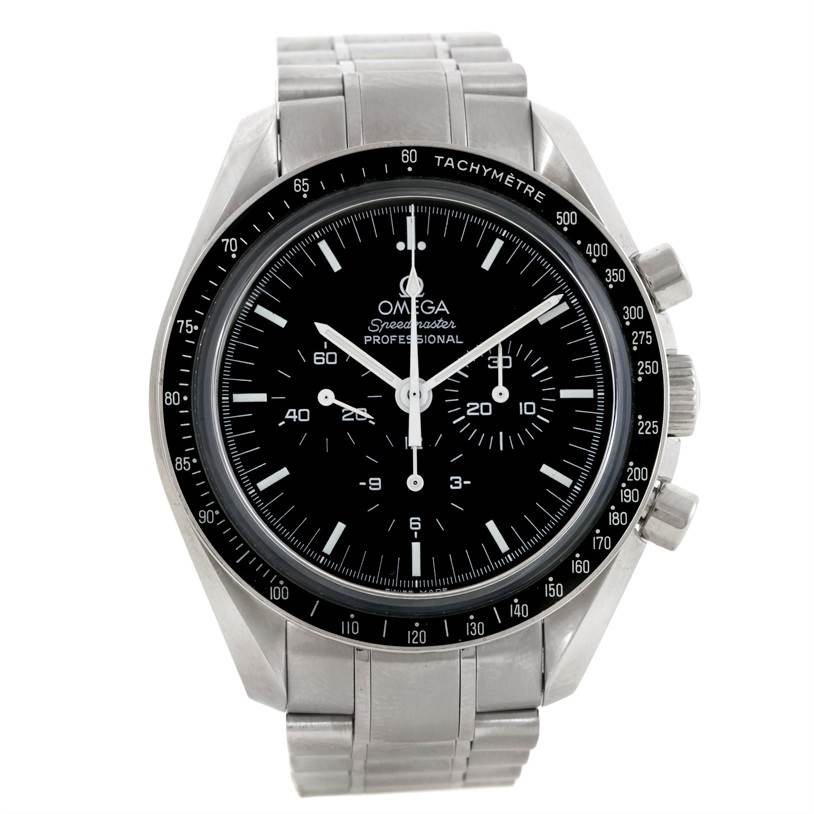 The image shows a frontal view of an Omega Speedmaster 3573.50.00 Men
s Stainless Steel Black Dial 3573.50.00 Men
s Stainless Steel Black Dial watch with a black dial, tachymeter bezel, and stainless steel bracelet.