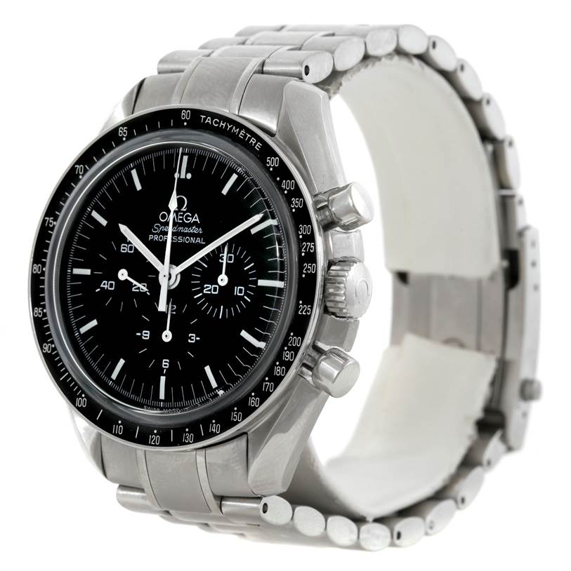 The Omega Speedmaster 3573.50.00 Men
s Stainless Steel Black Dial 3573.50.00 Men
s Stainless Steel Black Dial watch is shown at a three-quarter angle, displaying the face, bezel, crown, pushers, and stainless steel bracelet.