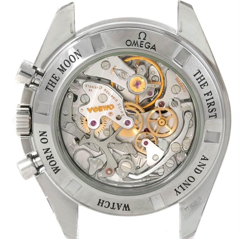 This image shows the back of an Omega Speedmaster 3573.50.00 Men
s Stainless Steel Black Dial 3573.50.00 Men
s Stainless Steel Black Dial watch, highlighting its intricate mechanical movement and internal components.